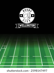 Wellington Concept for Rugby City white Stamp with Green Field Background, abstract illustration image
