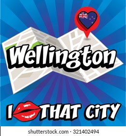 Wellington. I Love That City. Vector Illustration with country flag.