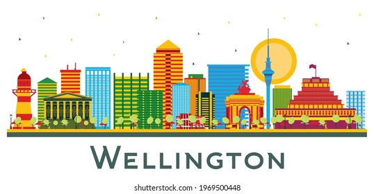 Wellington New Zealand City Skyline with Color Buildings Isolated on White. Vector Illustration. Business Travel and Tourism Concept with Modern Architecture. Wellington Cityscape with Landmarks.