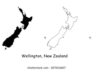 Wellington, New Zealand. Detailed Country Map with Location Pin on Capital City. Black silhouette and outline maps isolated on white background. EPS Vector