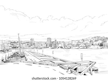 Wellington. New Zealand. Hand drawn city sketch. Vector illustration. 