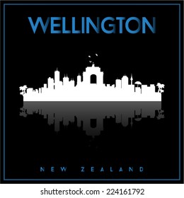 Wellington, New Zealand, skyline silhouette vector design on parliament blue and black background.