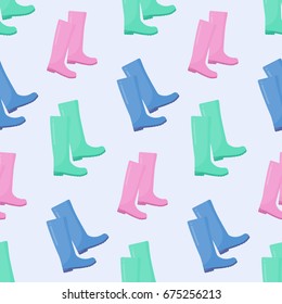 Wellington rain boots vector seamless pattern, Flat design of rainy weather clothing wallpaper with light blue background, vector illustration