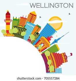 Wellington Skyline with Color Buildings, Blue Sky and Copy Space. Vector Illustration. Business Travel and Tourism Concept with Modern Architecture. Image for Presentation Banner Placard and Web Site.
