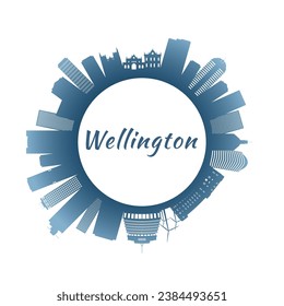 Wellington skyline with colorful buildings. Circular style. Stock vector illustration.