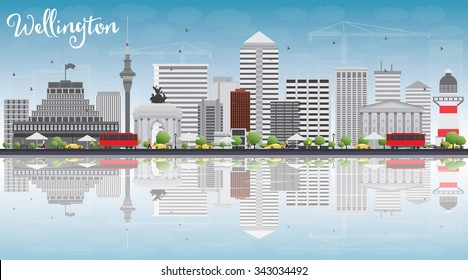 Wellington skyline with grey buildings, blue sky and reflections. Vector illustration. Business travel and tourism concept with place for text. Image for presentation, banner, placard and web site.