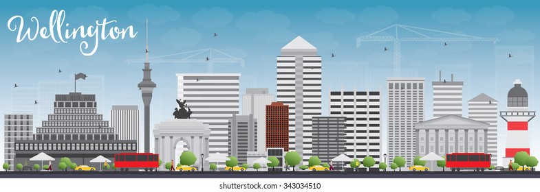 Wellington skyline with grey buildings and blue sky. Vector illustration. Business travel and tourism concept with modern buildings. Image for presentation, banner, placard and web site.