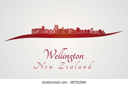 Wellington skyline in red and gray background in editable vector file
