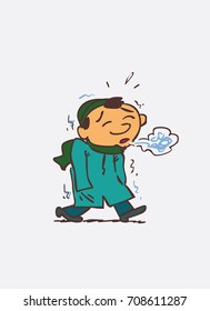 Well-kept asian child. It is very cold. Character of asian boy, funny style, isolated.