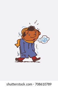 Well-kept black child. It is very cold. Character of black boy, funny style, isolated.