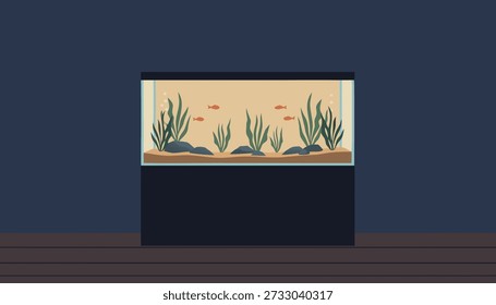 A well-maintained aquarium filled with vibrant orange fish and various aquatic plants, set against a dark blue background.