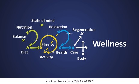 Wellness 2024 texto en nube de palabras de año nuevo con flechas de estrategia coloridas manuscritas en forma de 2024 a bordo. Vector de fondo azul blanco de Año Nuevo