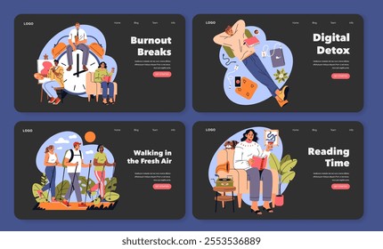 Wellness activities set illustrating burnout prevention with leisure hobbies, outdoor walks, and screen-free moments. Vector illustration.