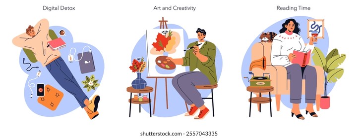 Wellness activity set featuring digital detox, artistic hobbies, and cozy reading moments for relaxation. Simplified lifestyles portrayed with warmth. Vector illustration.