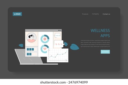 Wellness App concept. A laptop displaying different health monitoring features on screen, promoting self-care through technology. Tranquil and modern design. Vector illustration.