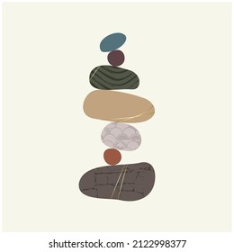 Wellness balance pebble stone harmony logo vector Illustration. Simplicity calm and zen of cairn rock shape. Simple poise tower. Japanese color stones with gold grunge texture. Poster, card, print 