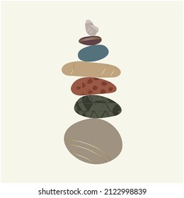 Wellness balance pebble stone harmony vector Illustration. Simplicity calm and zen of cairn rock shape. Simple poise tower. Circle color stones with gold grunge texture. Poster, card, print design