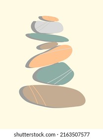 Wellness balance pebble stone harmony vector Illustration. Simplicity calm and zen of cairn rock shape. Pastel color stones with lines texture. Poster, card, print design.
 