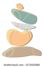 Wellness balance pebble stone harmony vector Illustration. Simplicity calm and zen of cairn rock shape. Pastel color stones with lines texture. Poster, card, print design.
