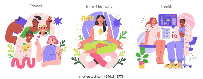 Wellness Balance Wheel set. Illustrations of friendship, inner harmony, and health concepts with diverse characters. Life satisfaction, emotional well-being, and medical care themes. Vector
