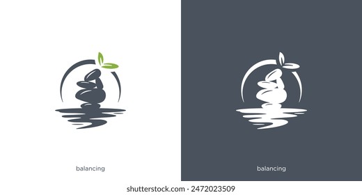 Wellness Balance Zen Stone Nature Logo. Sunrise, Sun, Sunset, River, Spa Tranquility Logo, Icon, Symbol, Design Template.