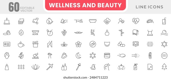 Wellness and beauty line icon set. Cosmetics services, spa treatments, skin care, massage, hyaluronic acid, serum, pore tighten, cosmetology line icon collection. UI thin outline icons pack.