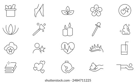 Wellness and beauty line icon set. Cosmetics services, spa treatments, skin care, massage, hyaluronic acid, serum, pore tighten, cosmetology line icon collection. UI thin outline icons pack.