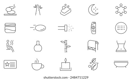 Wellness and beauty line icon set. Cosmetics services, spa treatments, skin care, massage, hyaluronic acid, serum, pore tighten, cosmetology line icon collection. UI thin outline icons pack.