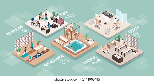 Wellness beauty luxury spa treatments and people relaxing: pool, sauna, massage, beauty treatments, yoga fitness and fine dining, vector isometric interiors