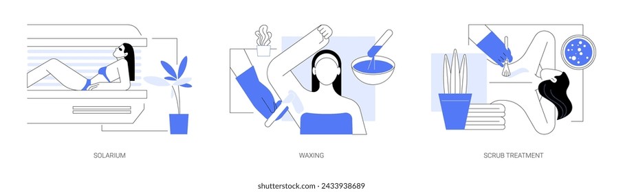 Wellness and beauty salon isolated cartoon vector illustrations set. Woman in glasses get suntan in solarium, professional cosmetologist makes waxing procedure, scrub skin treatment vector cartoon.