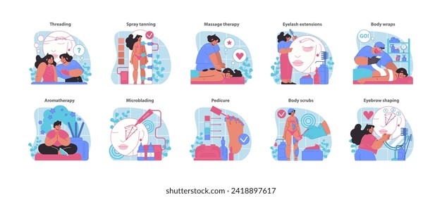 Wellness and beauty set. A diverse range of body and facial treatments for relaxation and aesthetics. Inclusive self-care experiences. Flat vector illustration.