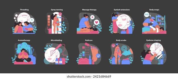 Wellness and beauty set. A diverse range of body and facial treatments for relaxation and aesthetics. Inclusive self-care experiences. Flat vector illustration.