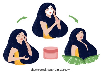 Wellness, beauty & skin care concept. Cleansing process: woman with skin problems - acne, pimples, dry skin, dark circles under eyes, woman holding cream and mask on her face, woman with healthy face 