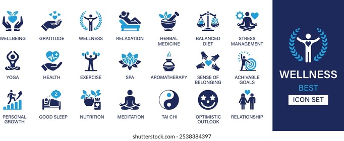 Wellness best solid icon set collection. Gratitude, wellbeing, relationship, relaxation, balanced diet, stress management, yoga, health, exercise, spa, aromatherapy and vector illustration.