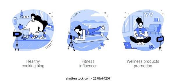 Wellness blog isolated cartoon vector illustrations set. Healthy cooking blog, nutrition specialist shooting video, fitness influencer filming workout, products promotion online vector cartoon.