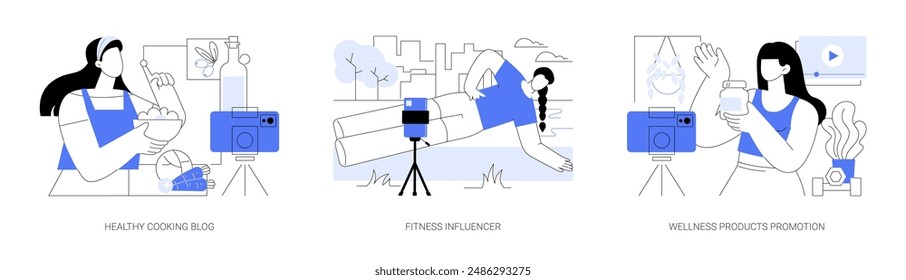 Wellness blog isolated cartoon vector illustrations set. Healthy cooking blog, nutrition specialist shooting video, fitness influencer filming workout, products promotion online vector cartoon.