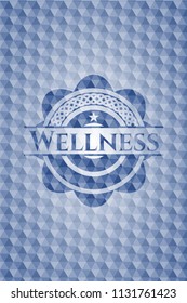 Wellness blue emblem with geometric background.