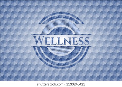 Wellness blue emblem with geometric pattern background.