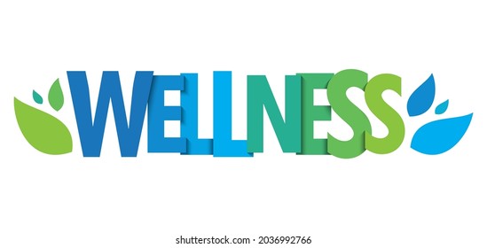 WELLNESS blue and green vector typography banner with leaves on white background