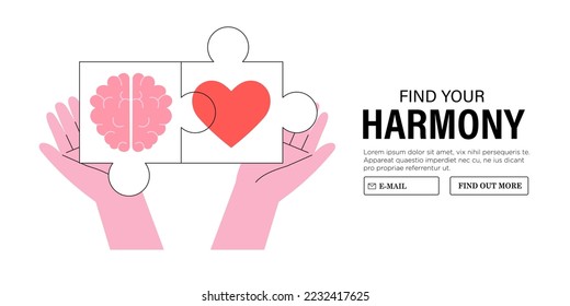 Wellness, body and brain harmony, meditation or healthcare concept. Female or male character hands hold heart and human brain puzzle. Mental and physical health, plug in connection or balance. svg