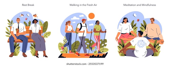 Wellness break set. Professionals relaxing on bench, hiking for health, and practicing outdoor meditation. Promoting mental health and work-life balance. Vector illustration.