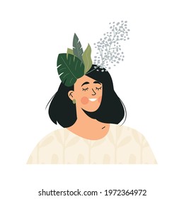 Wellness calm woman Go green and global mind concept. Green positive think, healthy lifestyle and self care. Smiling inspired girl with fresh leaves in hair. Flat vector cartoon illustration 