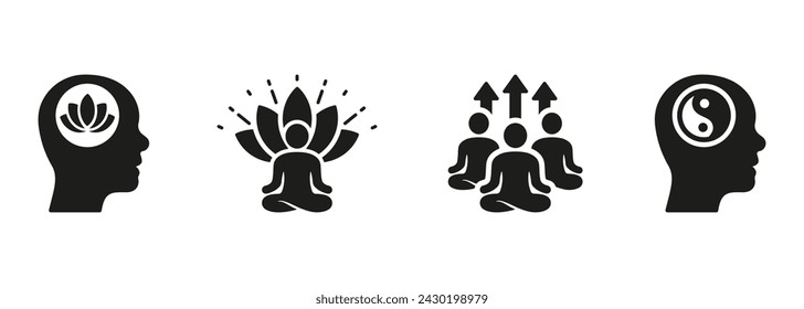 Wellness And Calm, Zen Pose Silhouette Icon Set. People Meditate In Lotus Position, Yin Yang Symbol Collection. Yoga And Health Glyph Pictogram. Wellbeing Sign. Isolated Vector Illustration.