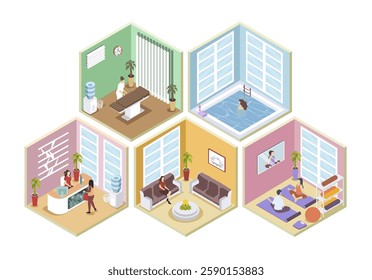 Wellness center 3d isometric rooms concept in isometry graphic design for web. People registering at reception hall, doing yoga, swimming in pool, get massage procedure in spa. Vector illustration.