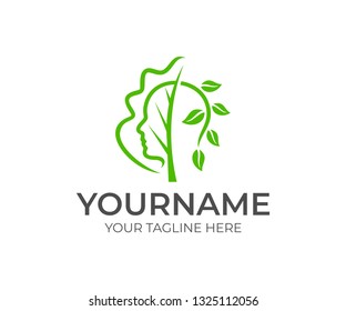 Wellness center, human face, tree and branch with leaves, logo design. Health, healthcare and medicine, vector design and illustration