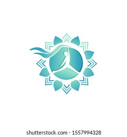 Wellness center logo design concept. Spa and massage symbol template. Healthy life style creative icon layout. Colorful abstract shape with mandala and human figure in negative space.