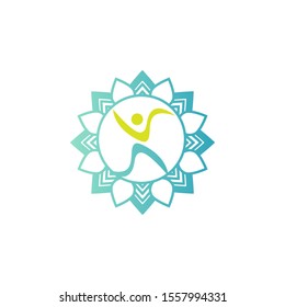 Wellness center logo design concept. Spa and massage symbol template. Healthy life style creative icon layout. Colorful abstract shape with mandala and human figure in negative space.