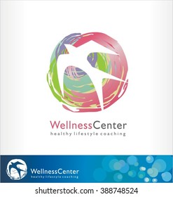 Wellness center logo design concept. Spa symbol template. Healthy life style creative icon template. Colorful abstract shape with bird in negative space.