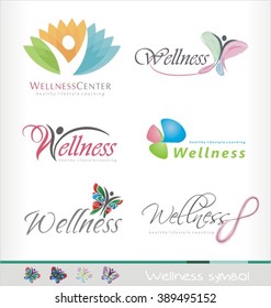 Wellness center logo design concept. Spa and massage symbol template. Healthy life style coaching icon template. Colorful abstract shape with butterfly and human figure..