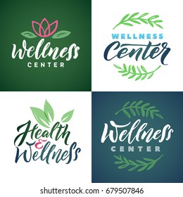 Wellness Center Vector Logo Set. Stroke Green Leaves Illustration. Brand Lettering.
